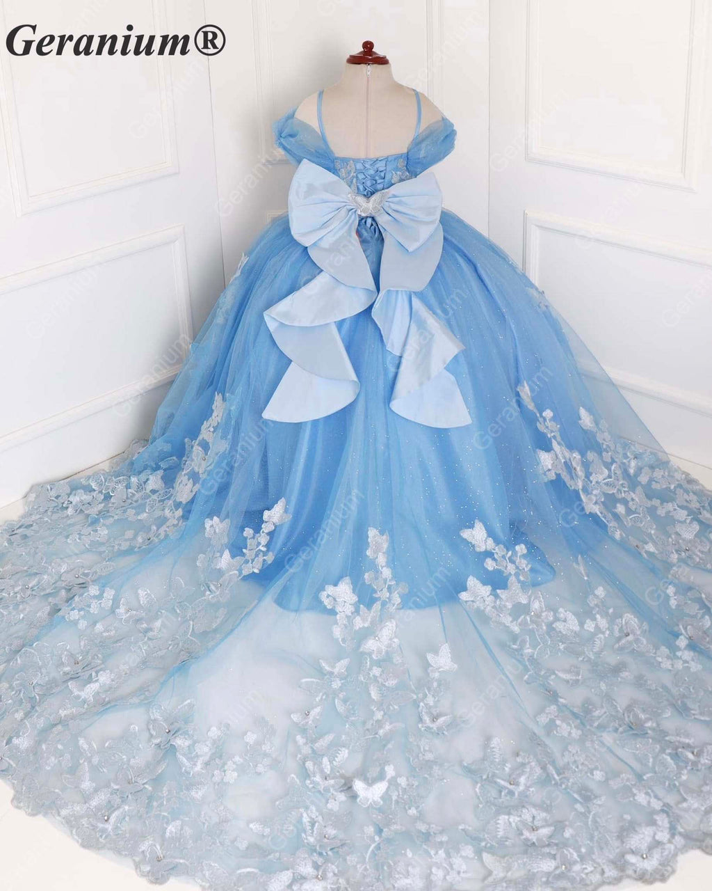 Geranium Couture Light Blue 3D Butterfly Tulle Pageant Ball Gown with Royal Train KD-380