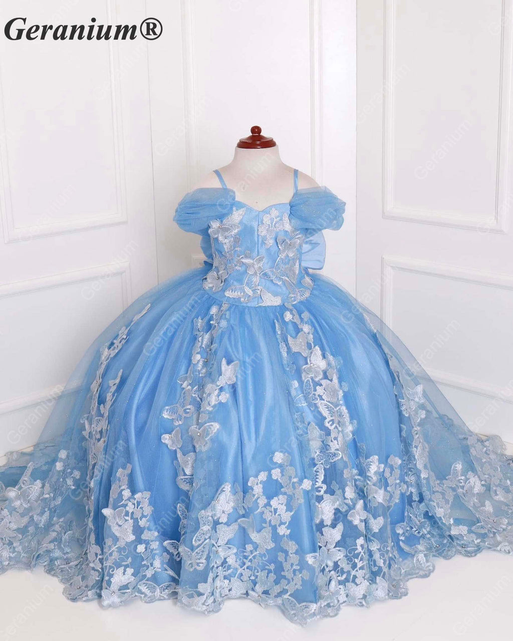 Geranium Couture Light Blue 3D Butterfly Tulle Pageant Ball Gown with Royal Train KD-380