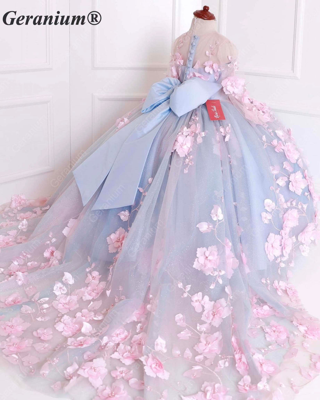 Geranium Junior Bridesmaid & Pageant Gown: Sky Blue 3D Floral Cathedral Train Dress KD-378