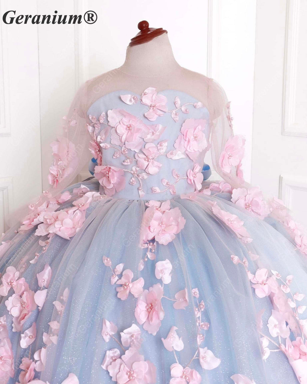 Geranium Junior Bridesmaid & Pageant Gown: Sky Blue 3D Floral Cathedral Train Dress KD-378
