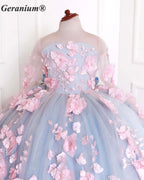 Geranium Junior Bridesmaid & Pageant Gown: Sky Blue 3D Floral Cathedral Train Dress KD-378