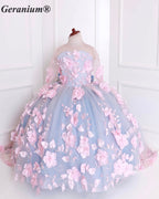 Geranium Junior Bridesmaid & Pageant Gown: Sky Blue 3D Floral Cathedral Train Dress KD-378