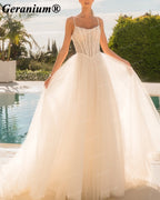 Geranium Pearl Beaded Corset Ball Gown Wedding Dress with Spaghetti Straps – GER102