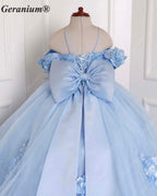 Geranium Exquisite Sky Blue Off-Shoulder 3D Floral Girls Pageant Dress with Long Cascading Train & Giant Bow KD-377
