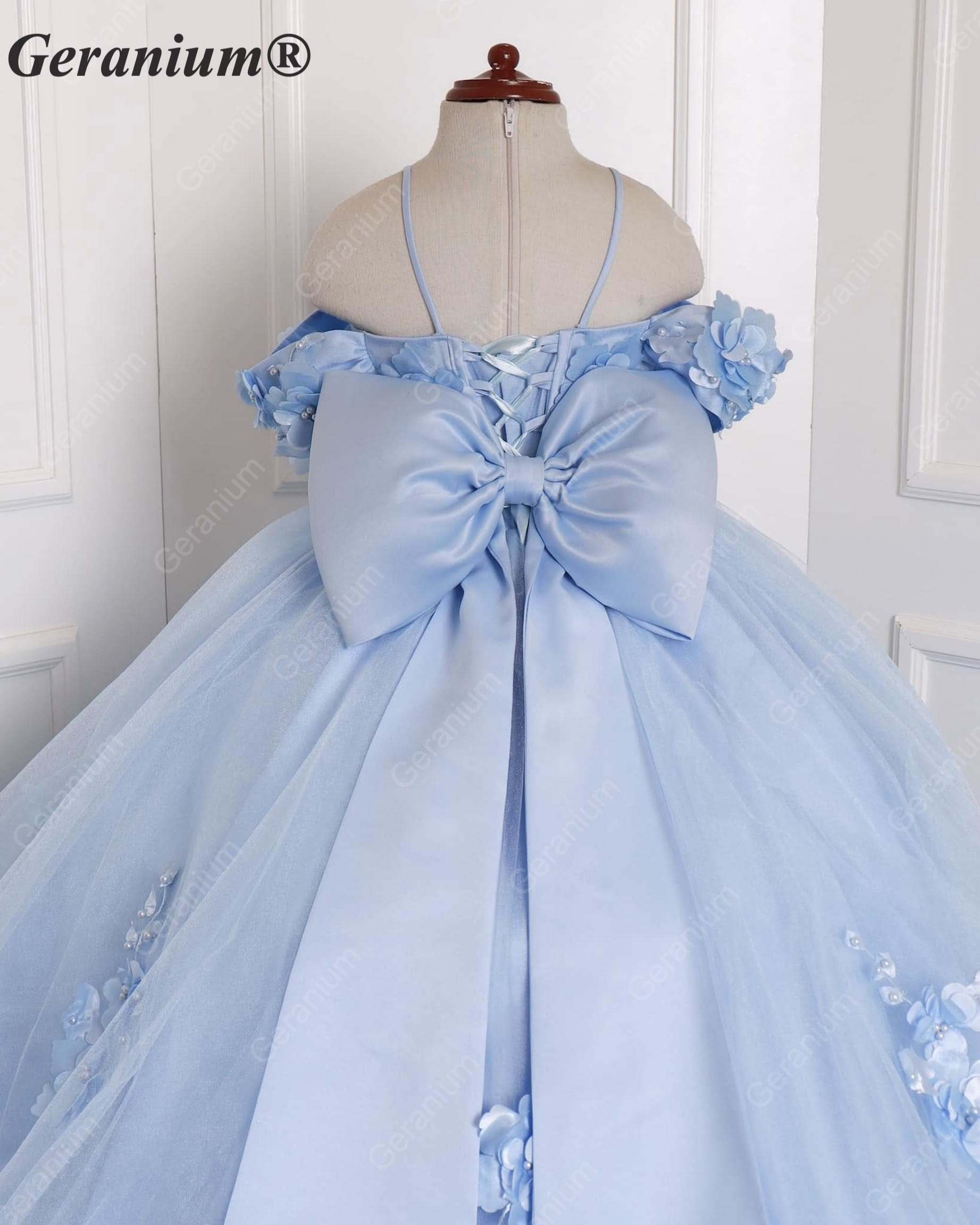 Geranium Exquisite Sky Blue Off-Shoulder 3D Floral Girls Pageant Dress with Long Cascading Train & Giant Bow KD-377