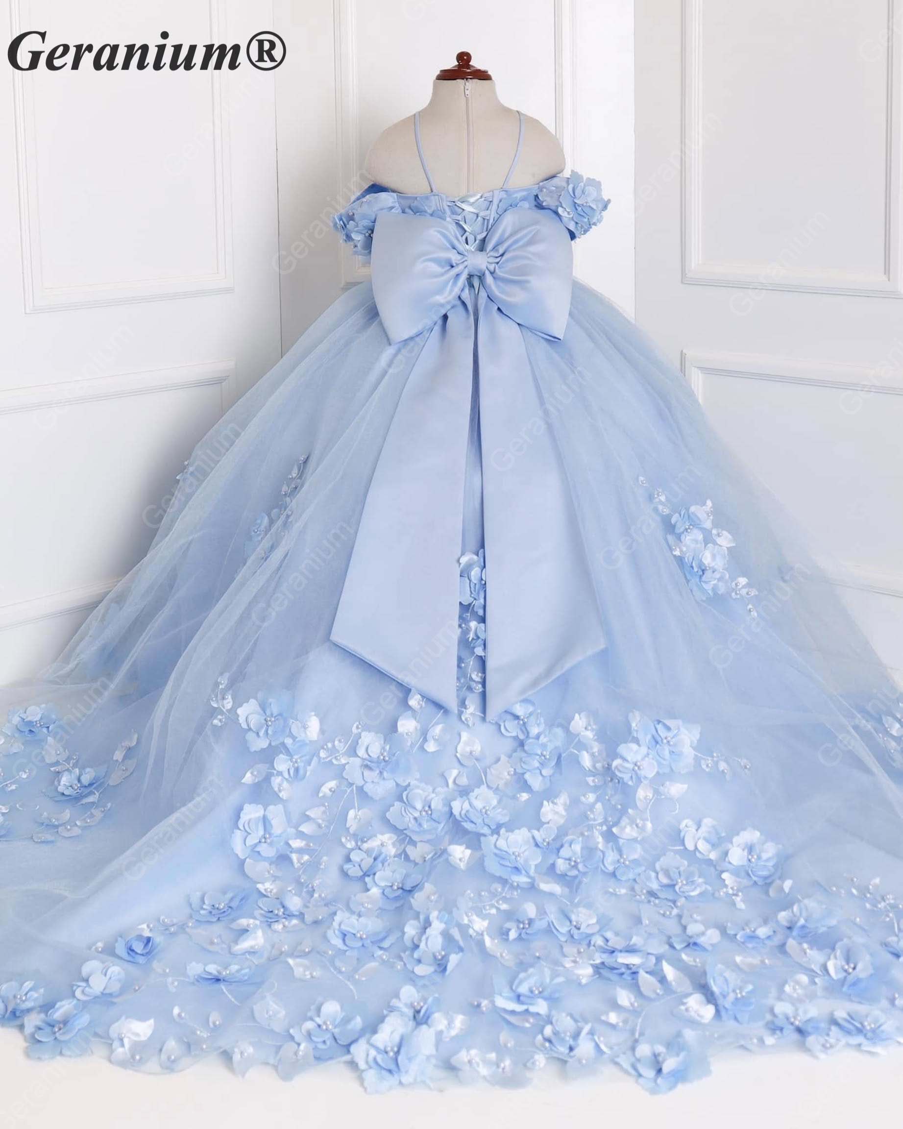 Geranium Exquisite Sky Blue Off-Shoulder 3D Floral Girls Pageant Dress with Long Cascading Train & Giant Bow KD-377