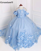 Geranium Exquisite Sky Blue Off-Shoulder 3D Floral Girls Pageant Dress with Long Cascading Train & Giant Bow KD-377