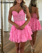 Geranium Strapless Lace Corset Ruffle Mini Homecoming Dress – GER707P
