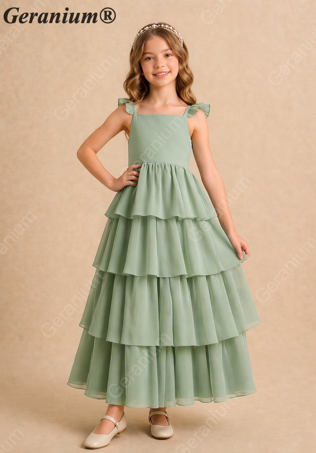 Geranium Sage Green Tiered Chiffon Flower Girl Dress with Flutter Sleeves | Elegant Junior Bridesmaid Gown KD-217J