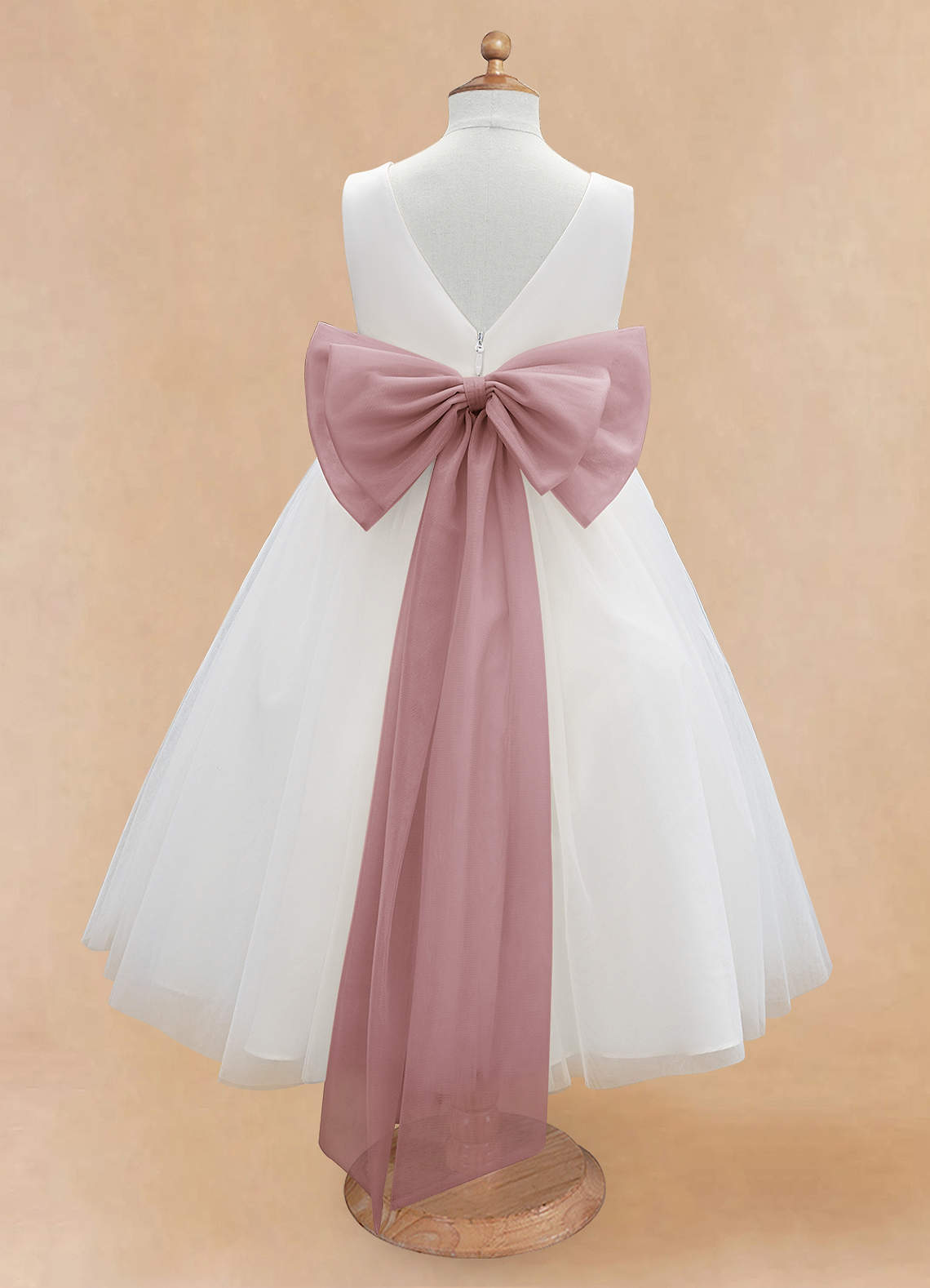 Geranium Elegant White Tulle Flower Girl Dress with Dusty Rose Sash & Oversized Back Bow KD-195