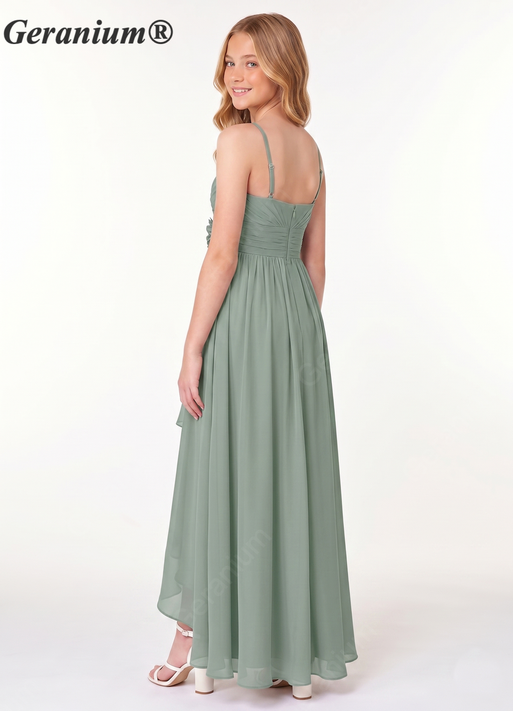 Geranium Sage Green Junior Bridesmaid Dress Spaghetti Strap Chiffon High Low A-Line Flower Waist Formal Dress for Girls KD-63