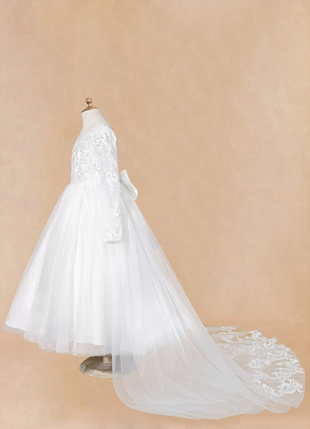 Geranium Elegant Lace Long Sleeve Flower Girl Dress with Oversized Back Bow & Tulle Train KD-208