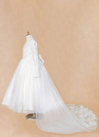 Geranium Elegant Lace Long Sleeve Flower Girl Dress with Oversized Back Bow & Tulle Train KD-208