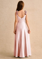 Geranium Blush Pink Satin Cape Bridesmaid Dress with Floral Shoulder Straps and Draped Bodice KD-146