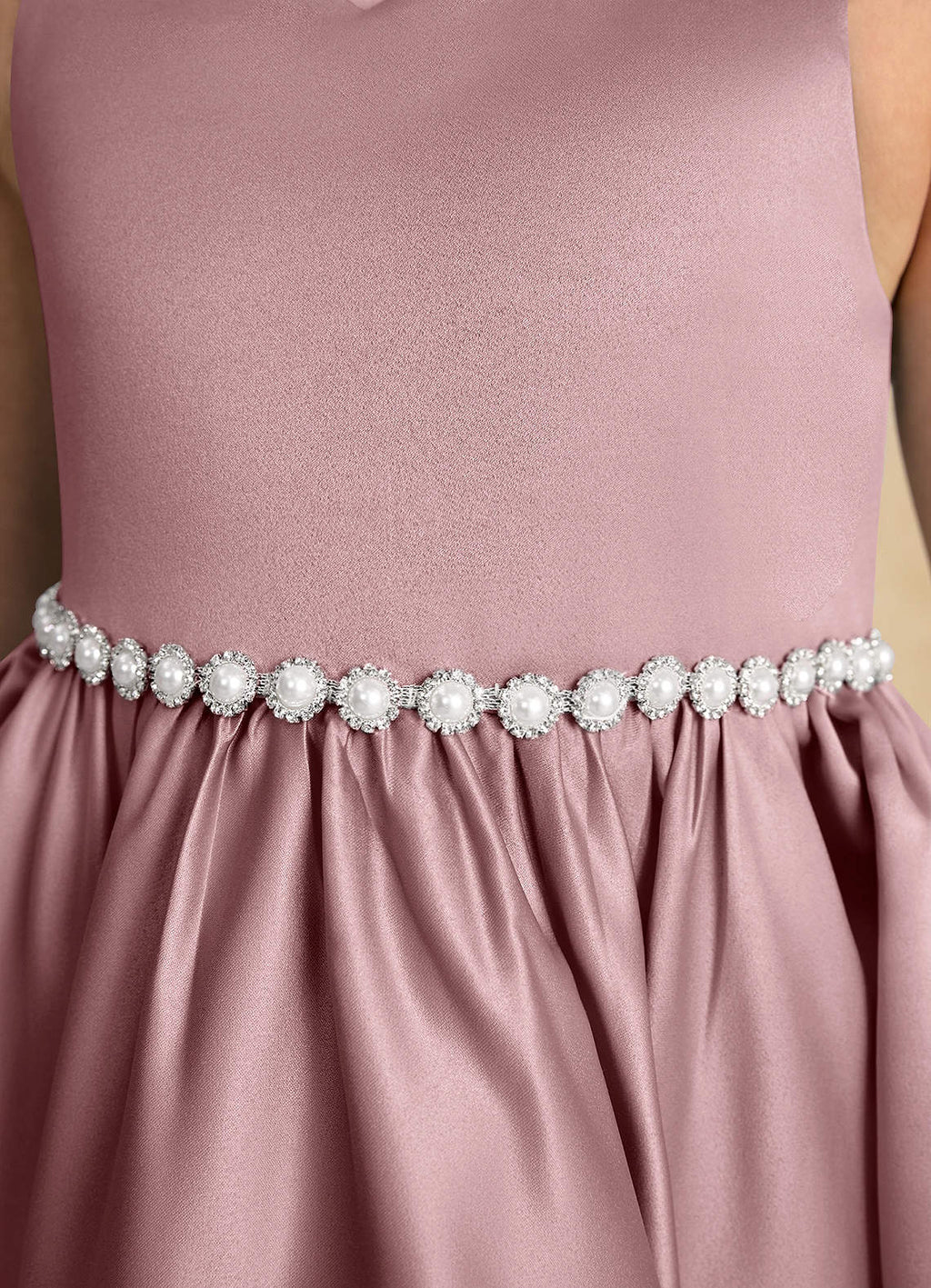 Geranium Girls Mauve Satin Hi-Low Dress with Pearl Waistband & Detachable Ruffled Tulle Train KD-283