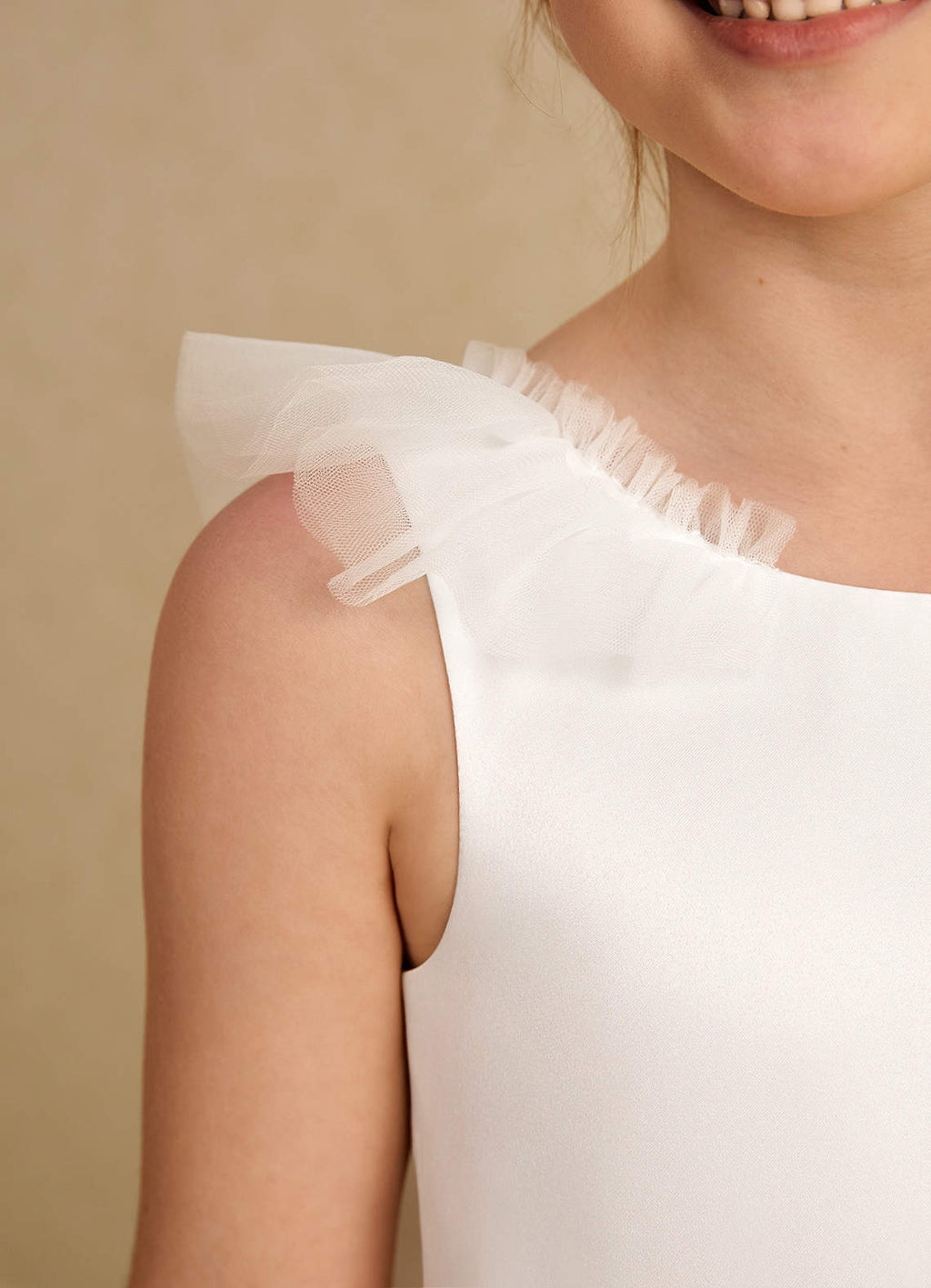 Geranium Ruffle V-Back Flower Girl Dress with Satin Bow Sash - Tulle T-Length Princess Party Gown KD-179