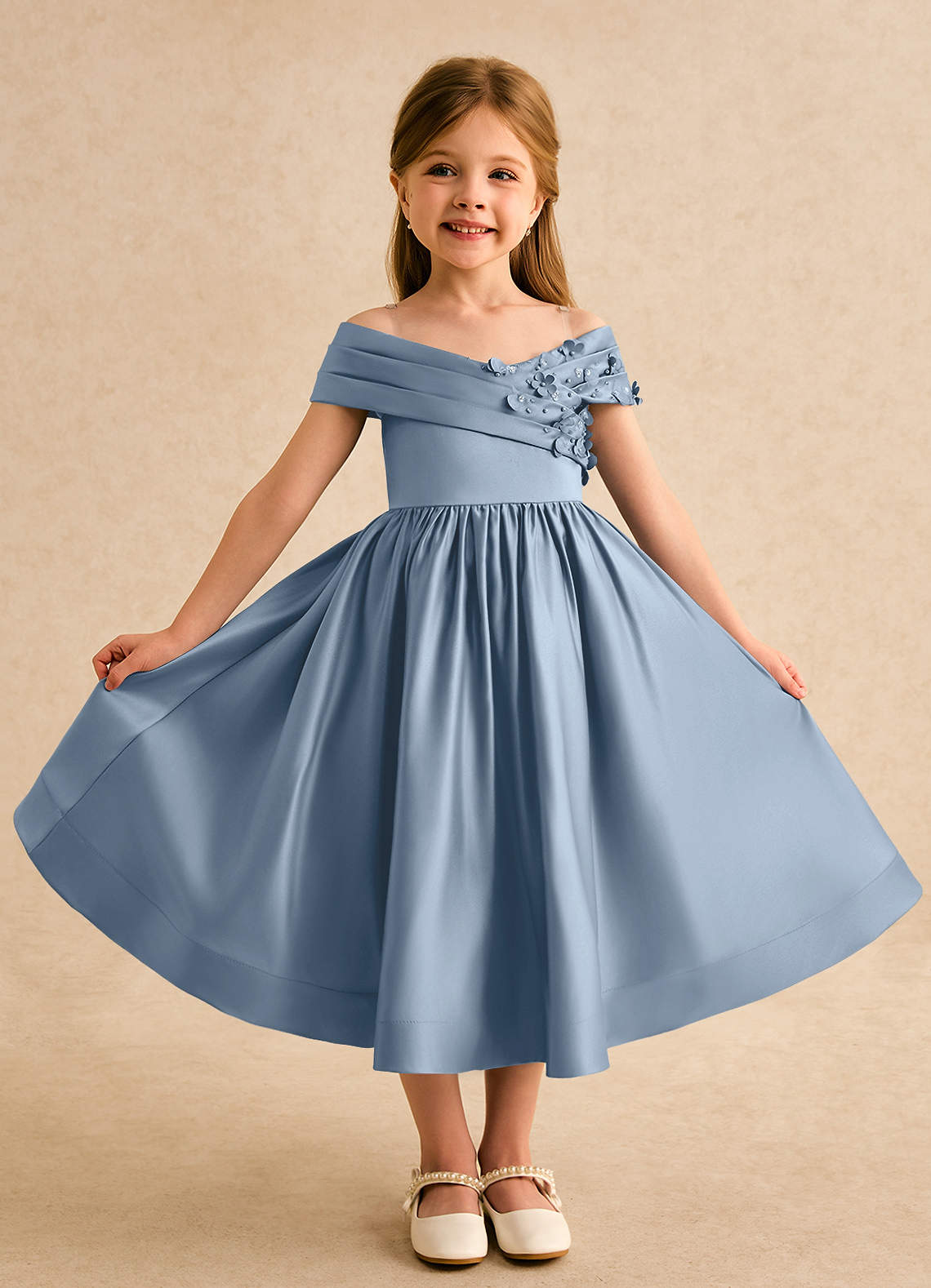 Garanium deedee ball gown off the shoulder matte satin tea length flower girl dress Main image