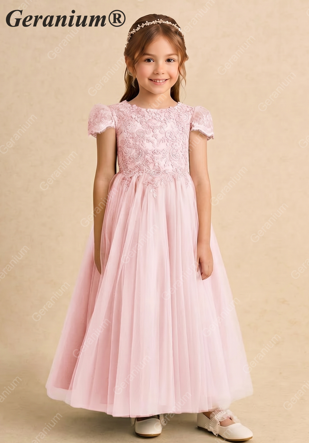 Geranium Elegant Lace Applique Tulle Flower Girl Dress - Scalloped Open Back Floor Length Ball Gown for Weddings & Special Occasions KD-212