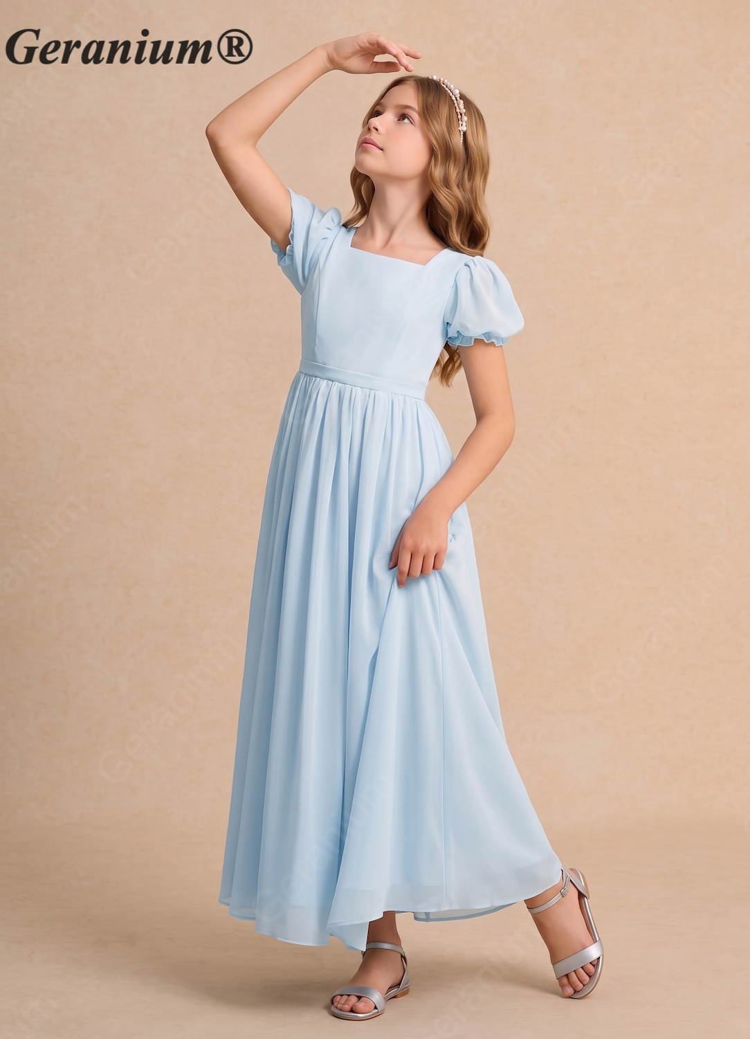 Geranium Dusty Blue Chiffon Junior Bridesmaid Dress with Puff Sleeves & Bow Back Tie KD-134 Secondary image