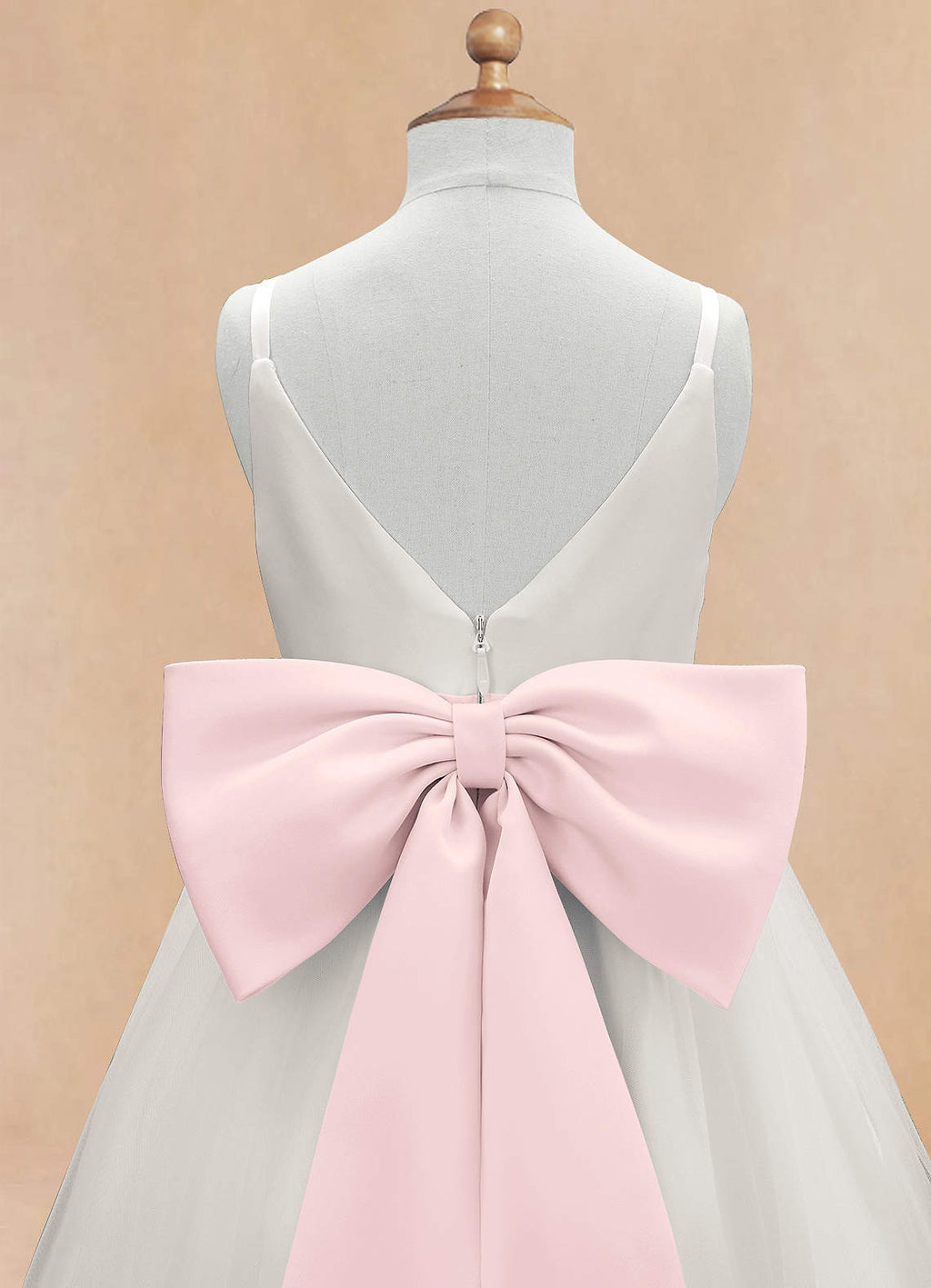 Geranium Elegant V-Neck Tulle Flower Girl Dress with Oversized Satin Back Bow & Pink Sash KD-303