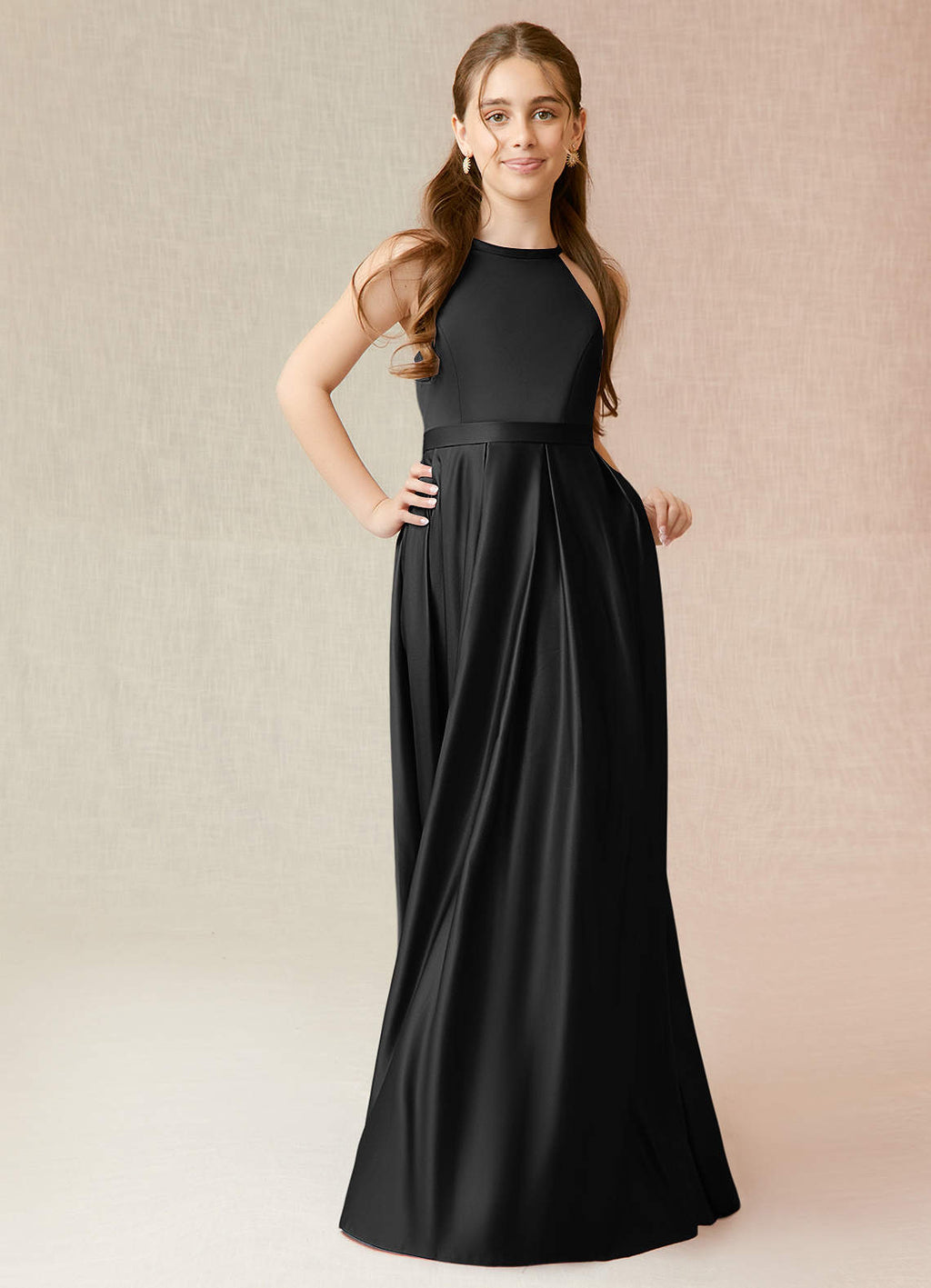 Geranium Elegant Black Halter Neck Satin A-Line Maxi Dress with Pockets & Bow Back KD-97