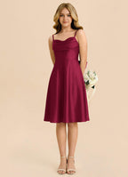Geranium Burgundy Satin Junior Bridesmaid Dress with Spaghetti Straps & Bow Back – Knee Length A-Line Party Dress KD-78