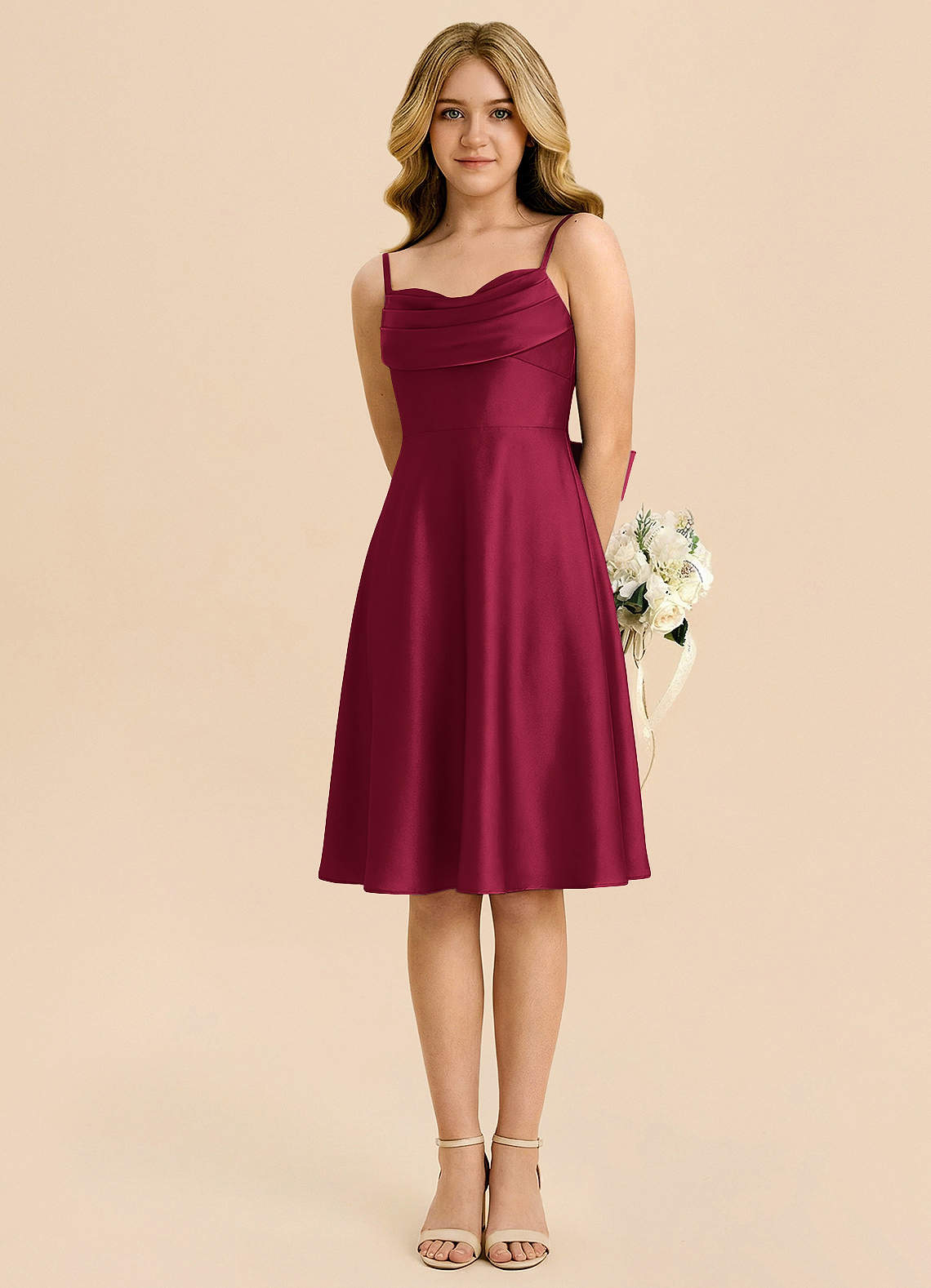 Geranium Burgundy Satin Junior Bridesmaid Dress with Spaghetti Straps & Bow Back – Knee Length A-Line Party Dress KD-78