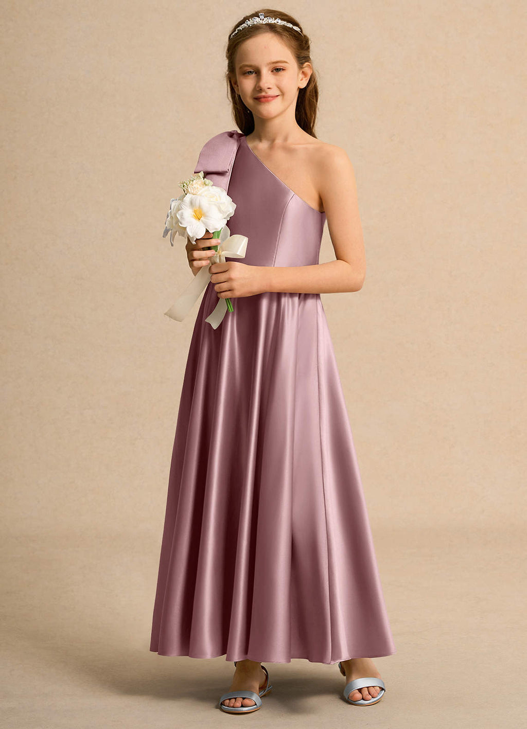 Geranium Elegant One-Shoulder Satin Junior Bridesmaid Dress with Oversized Bow - Floor Length Formal Gown for Girls KD-244