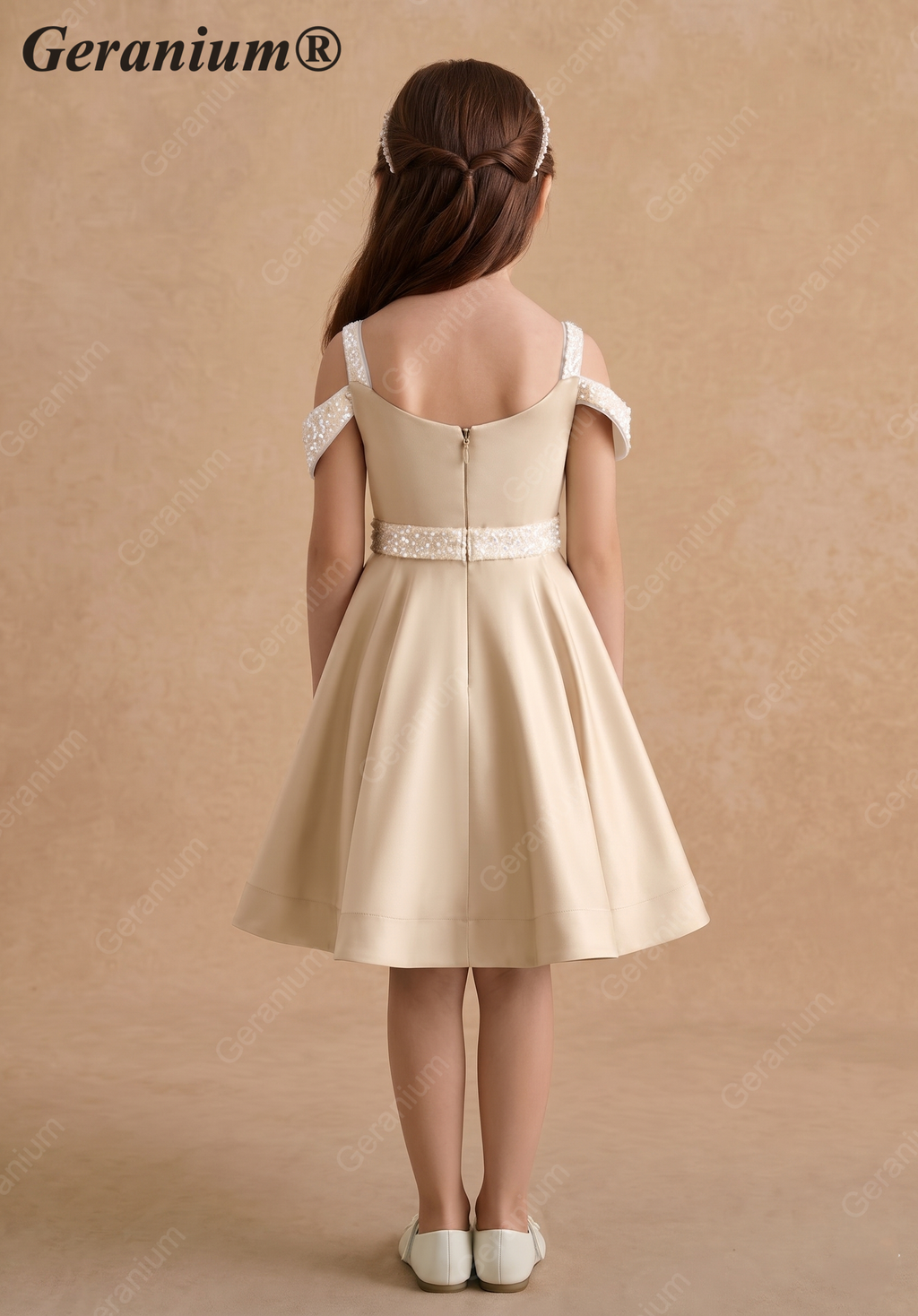 Geranium Girls' Champagne Matte Satin Cold Shoulder Flower Girl Dress with Beaded Sequin Waistband KD-250