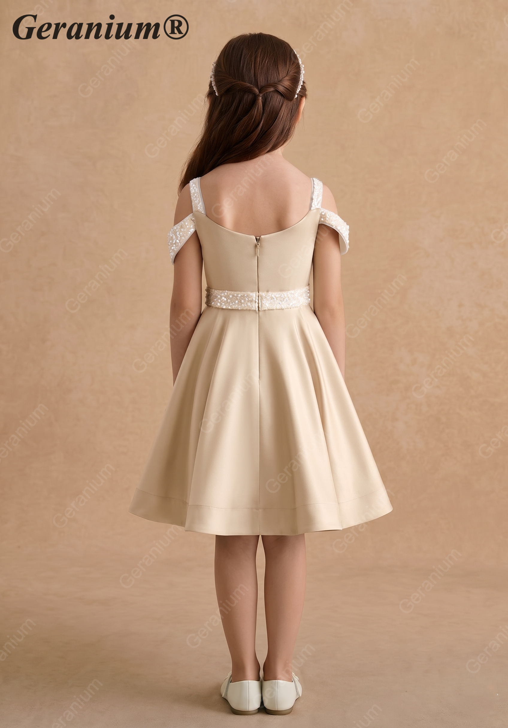 Geranium Girls' Champagne Matte Satin Cold Shoulder Flower Girl Dress with Beaded Sequin Waistband KD-250