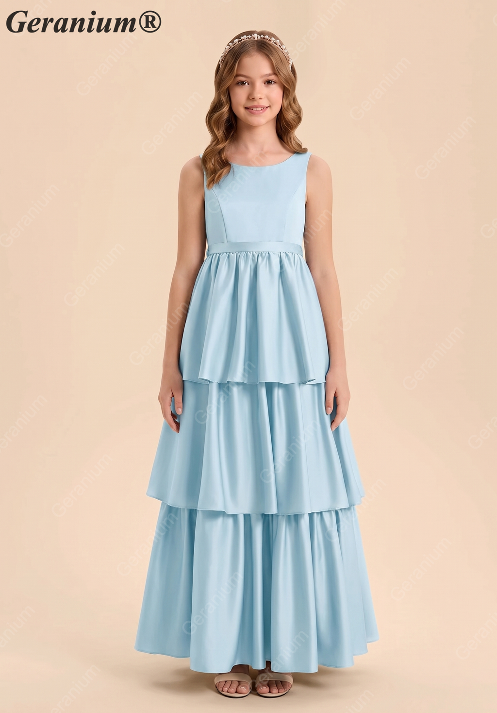 Geranium Elegant Dusty Blue Tiered Chiffon Junior Bridesmaid Dress with Bow Back – Sleeveless A-Line Floor Length KD-64
