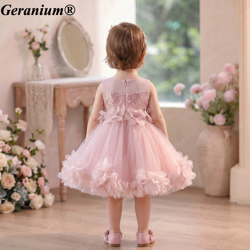 Geranium Toddler Girl Pink Sequin 3D Floral Petal Tulle Dress - Elegant Princess Ball Gown for Weddings & Birthdays KD-51