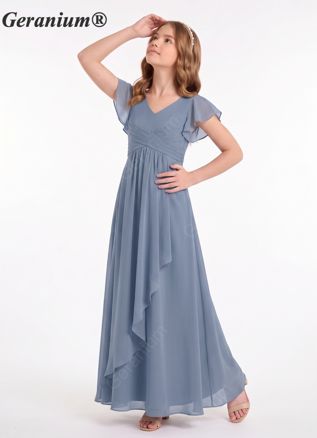 Geranium Dusty Blue Chiffon Flutter Sleeve Bridesmaid Dress with V-Neck & Side Slit KD-149