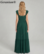 Geranium unior Dark Green Chiffon Ruffled Off-the-Shoulder Bridesmaid Maxi Dress with Tiered Hem KD-327