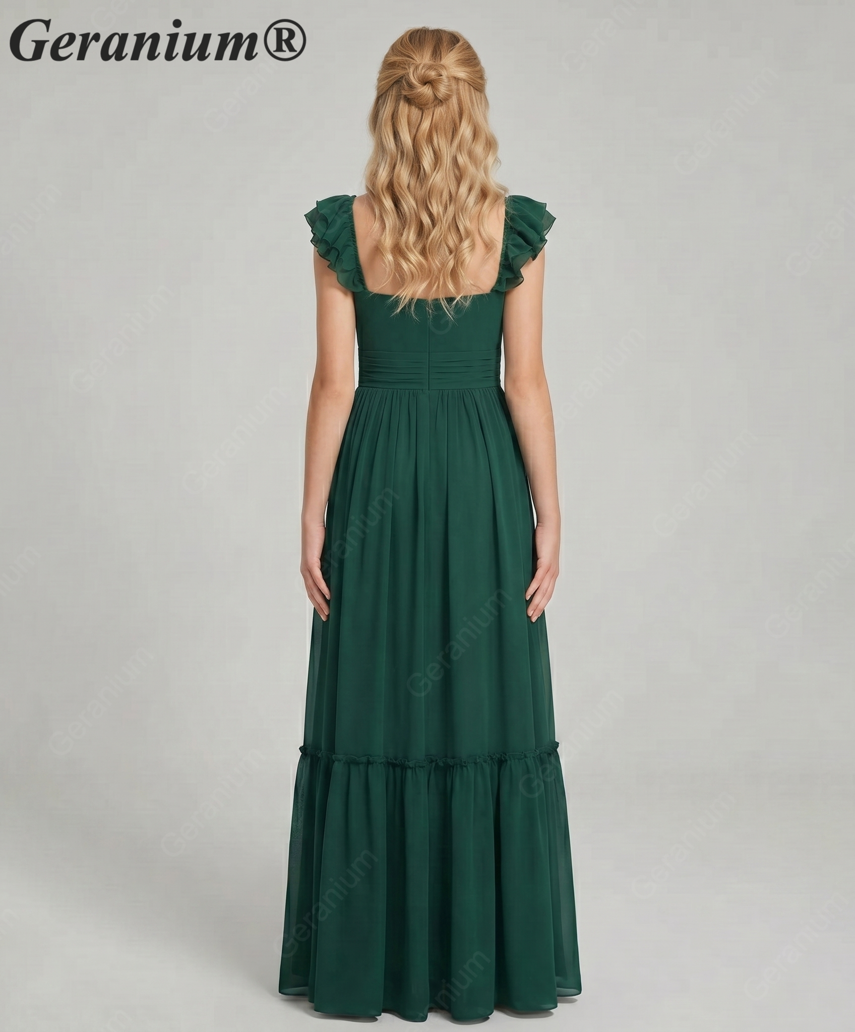 Geranium unior Dark Green Chiffon Ruffled Off-the-Shoulder Bridesmaid Maxi Dress with Tiered Hem KD-327