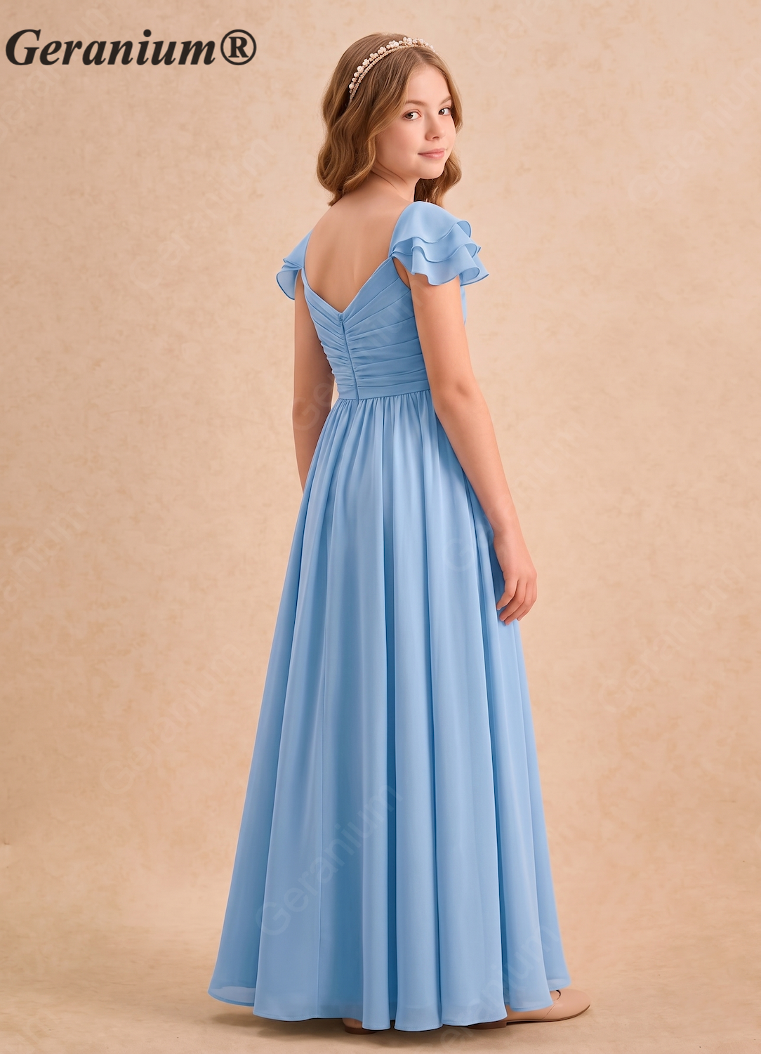 Geranium Light Blue Chiffon Junior Bridesmaid Dress with Cold Shoulder Sleeves & Draped Neckline – KD-126 Secondary image