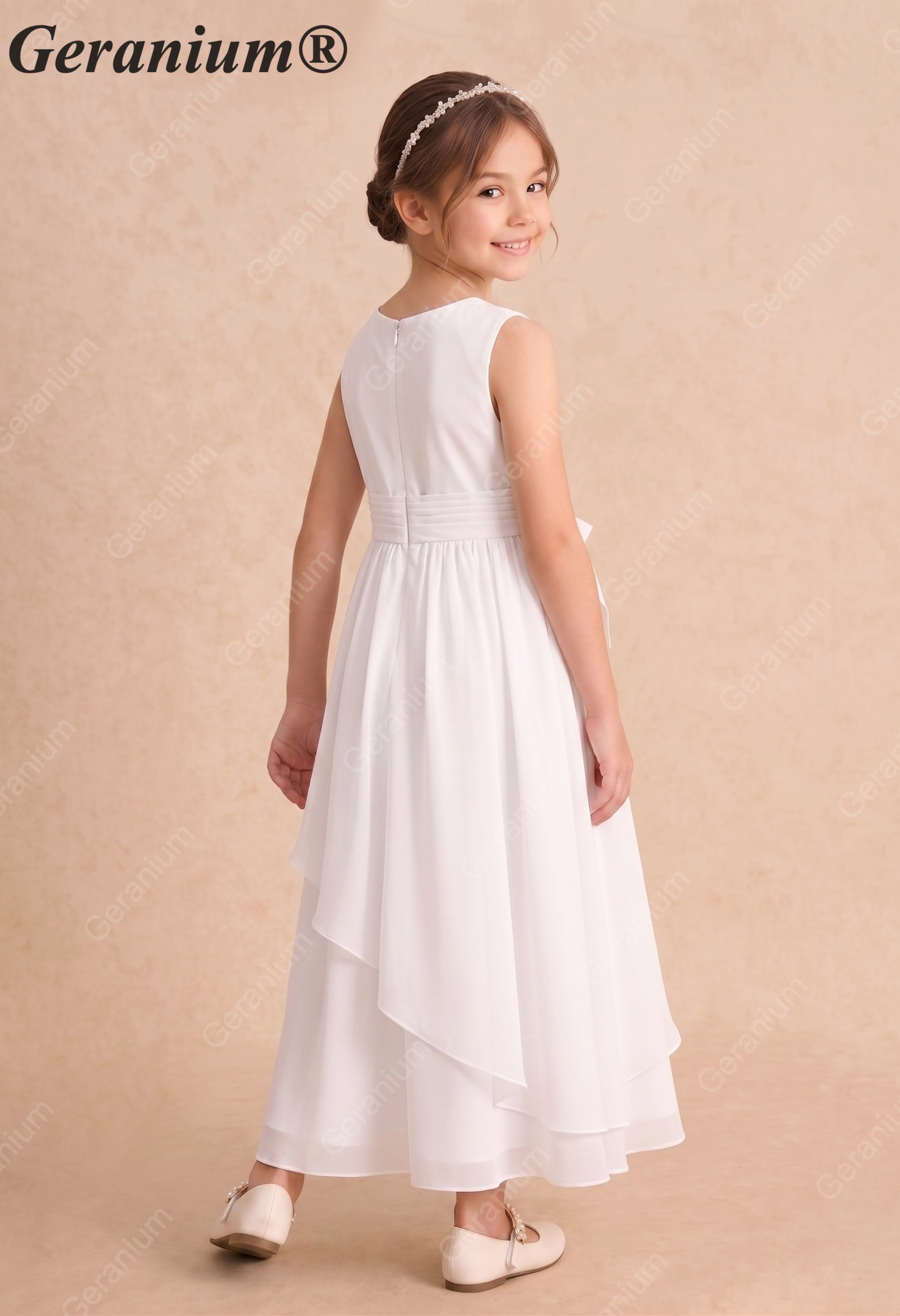Geranium White Chiffon First Communion & Flower Girl Dress with Cascading Ruffle – KD-228 Secondary image