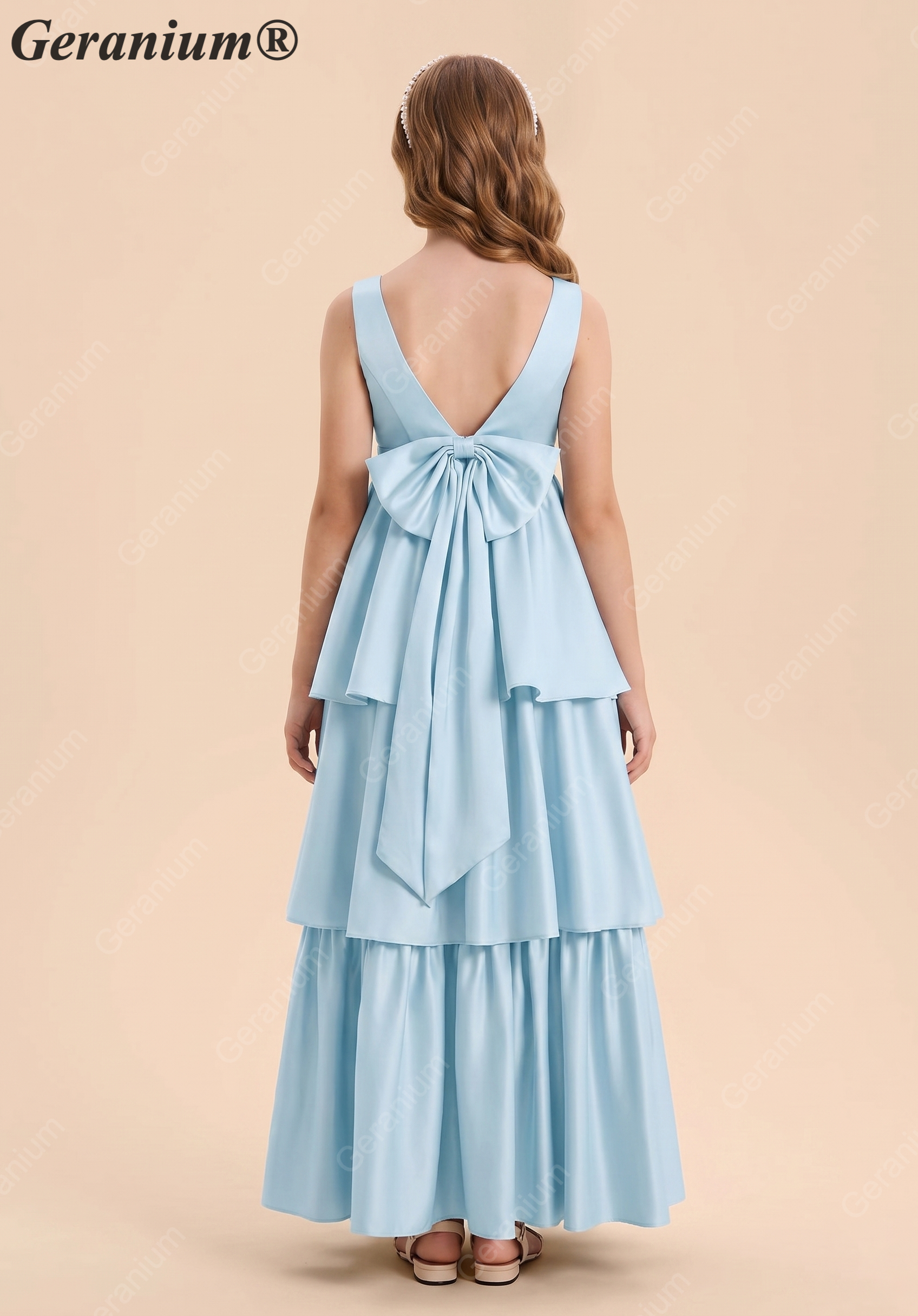 Geranium Elegant Dusty Blue Tiered Chiffon Junior Bridesmaid Dress with Bow Back – Sleeveless A-Line Floor Length KD-64