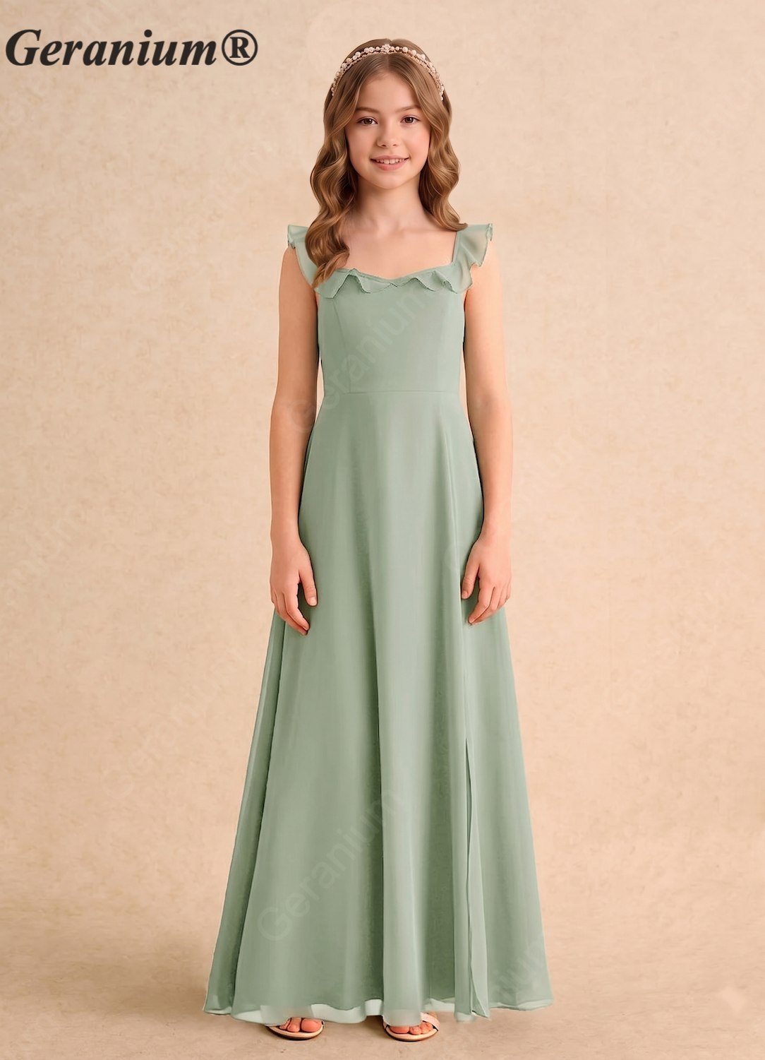 Geranium Ruffle Square Neck Chiffon Floor-Length Sage Green Junior Bridesmaid Dress for Kids/Teens (With Optional Side Slit) KD-174 Main image