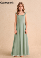 Geranium Ruffle Square Neck Chiffon Floor-Length Sage Green Junior Bridesmaid Dress for Kids/Teens (With Optional Side Slit) KD-174