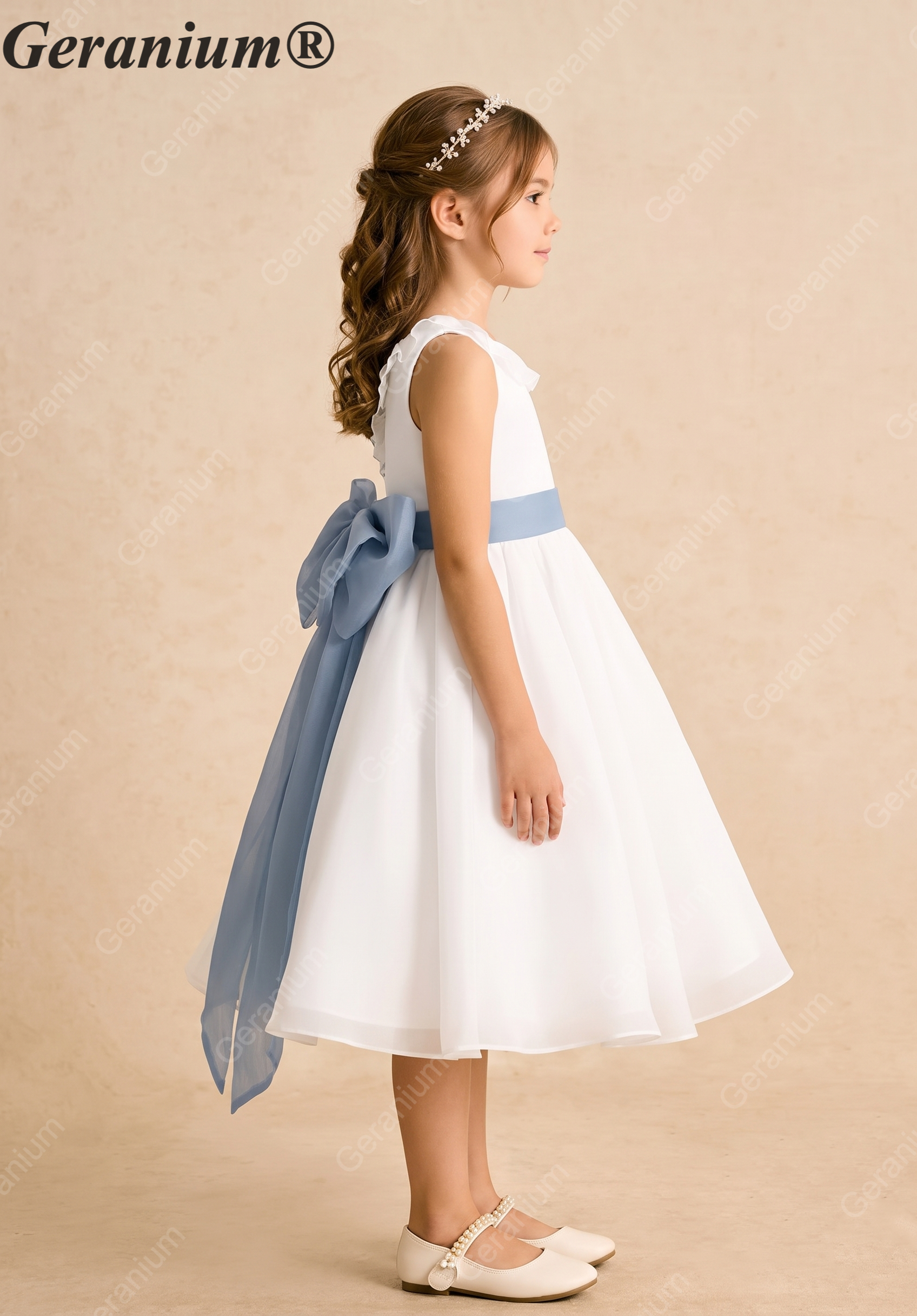 Geranium Elegant White Chiffon Flower Girl Dress with Dusty Blue Detachable Bow Sash & Ruffle Neckline KD-284