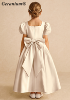 Geranium Satin Puff Sleeve Flower Girl Dress - High-Low First Communion Gown with Oversized Bow Back KD-249