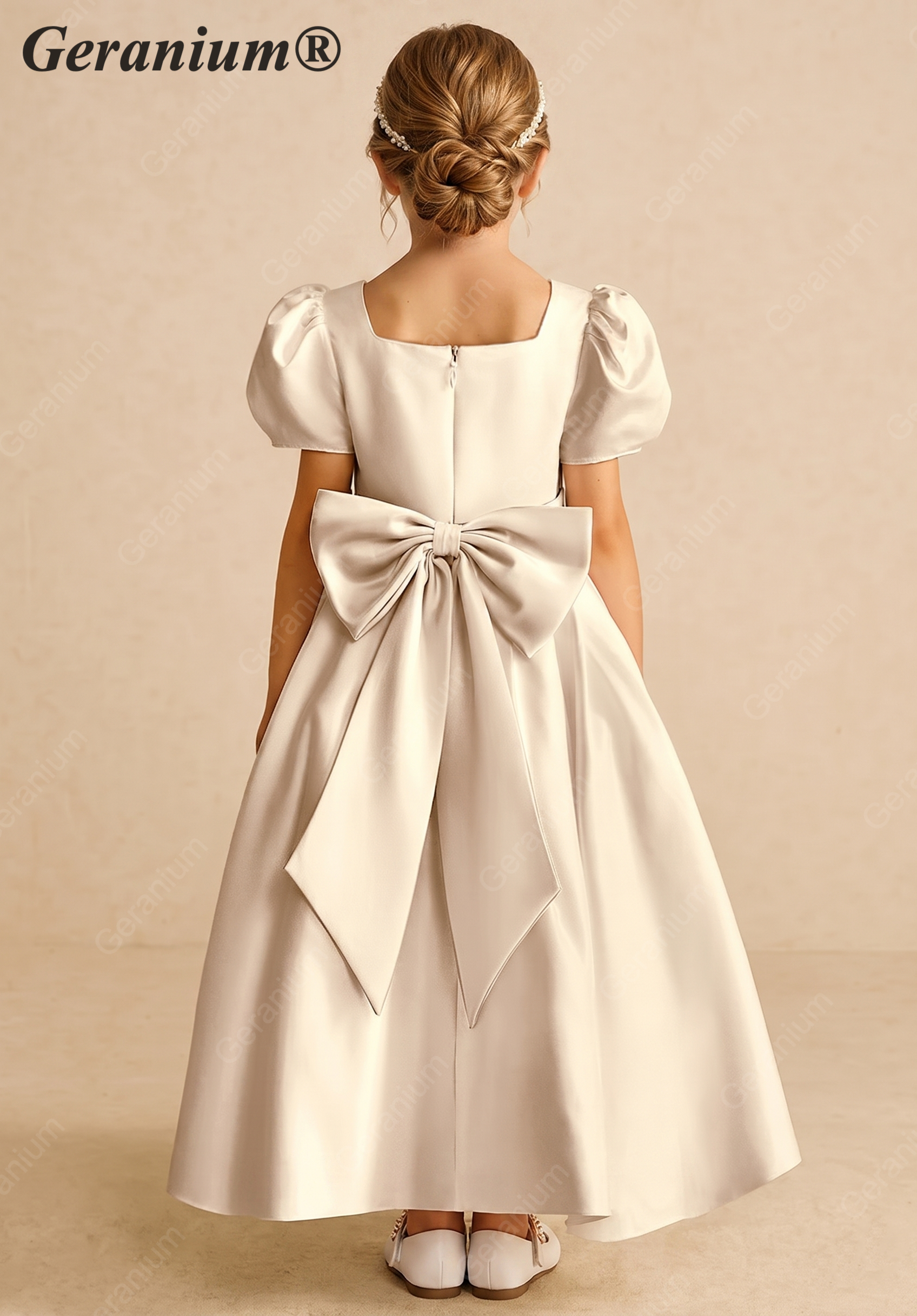 Geranium Satin Puff Sleeve Flower Girl Dress - High-Low First Communion Gown with Oversized Bow Back KD-249
