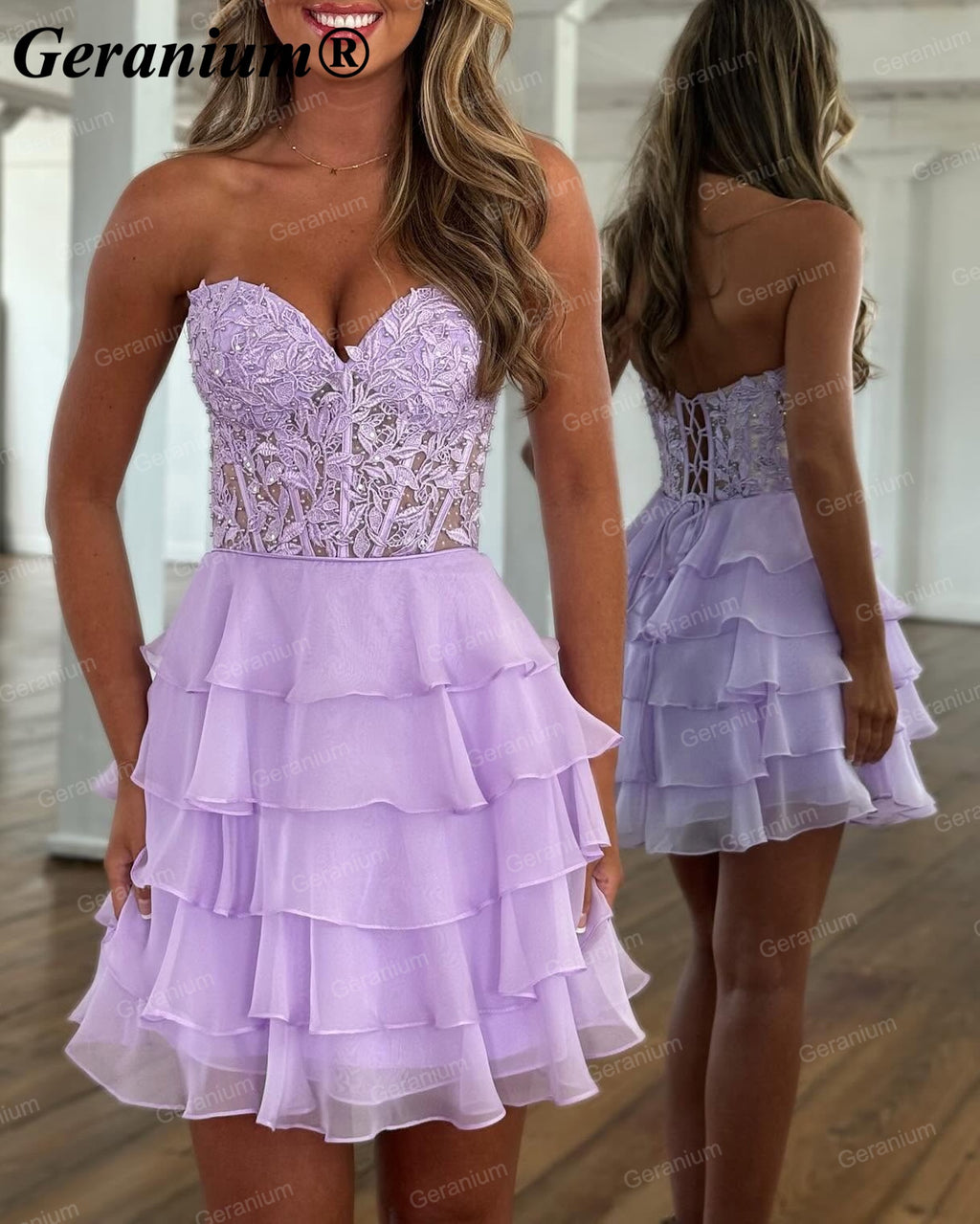 Geranium Strapless Lace Corset Ruffle Mini Homecoming Dress – GER707P