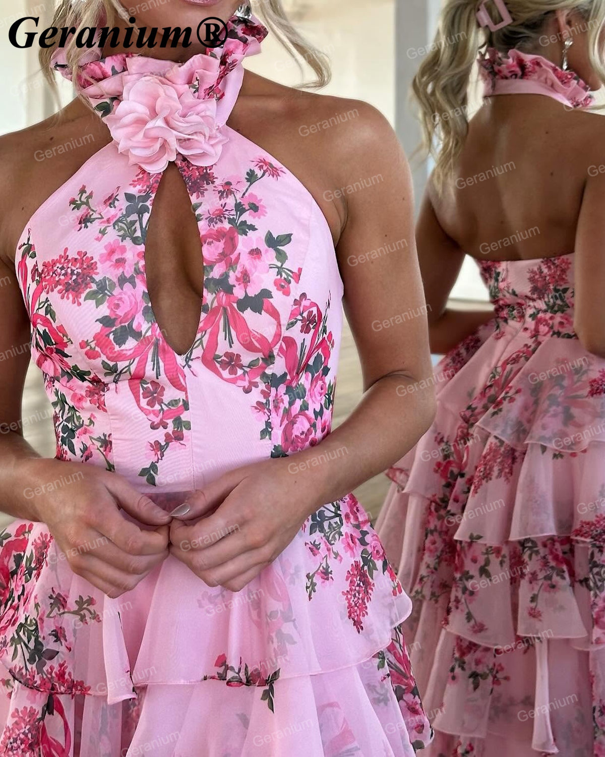 GERANIUM Pink Floral Halter Tiered Ruffle A-Line Prom Dress GER691P