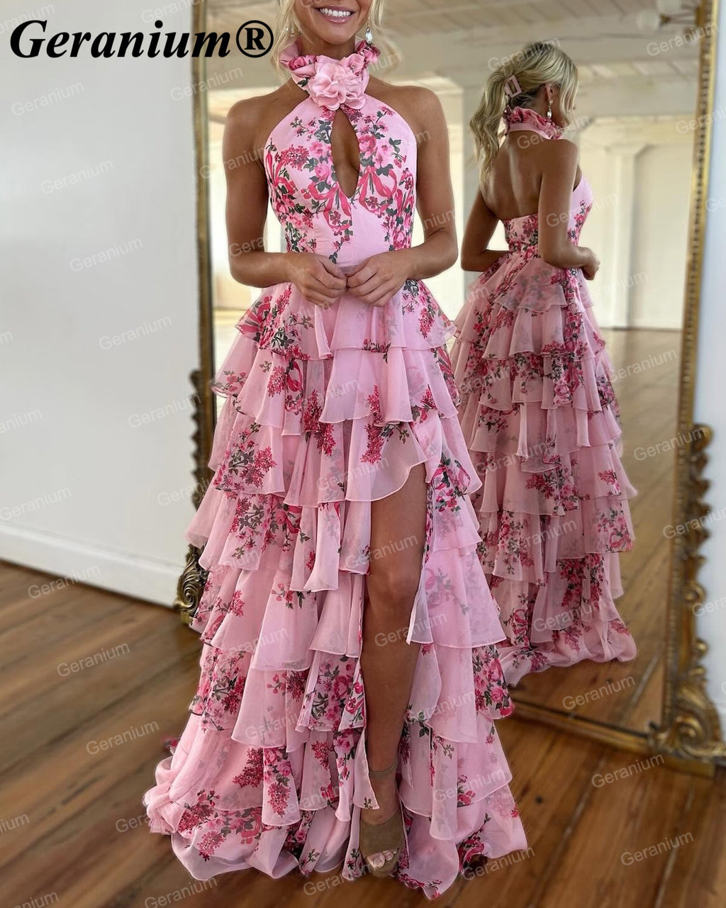 GERANIUM Pink Floral Halter Tiered Ruffle A-Line Prom Dress GER691P