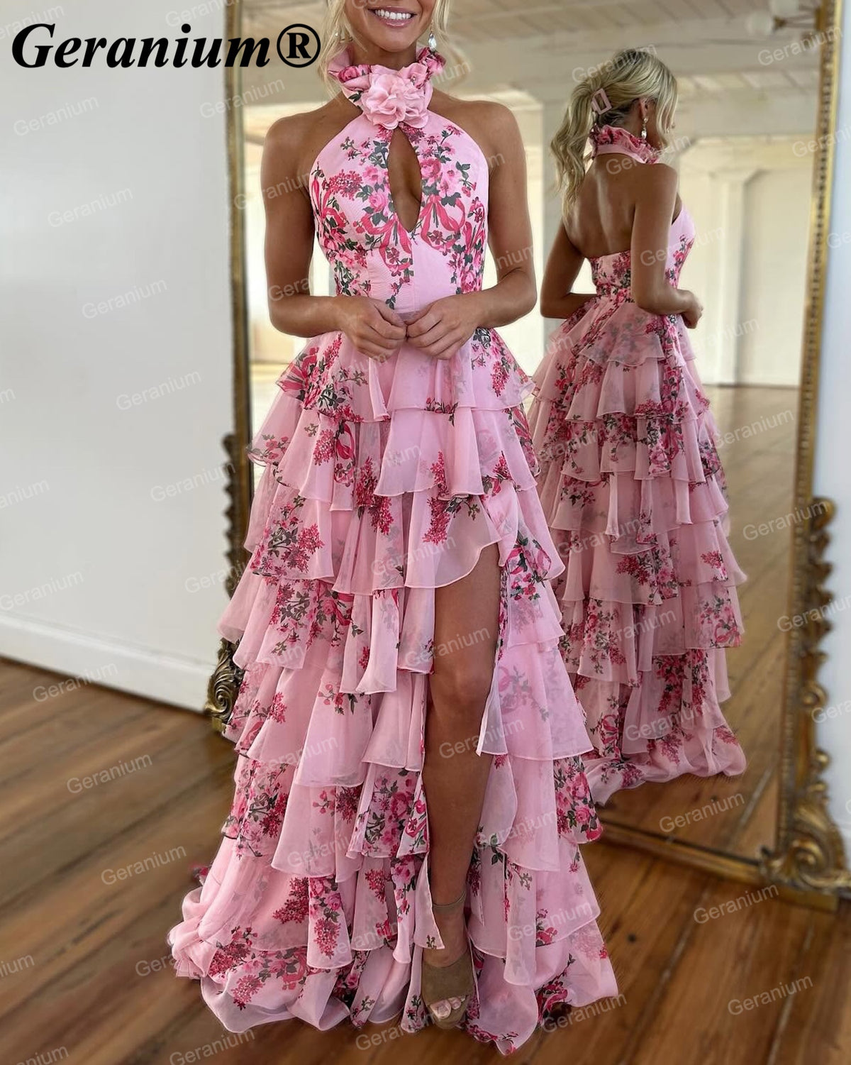 GERANIUM Pink Floral Halter Tiered Ruffle A-Line Prom Dress GER691P
