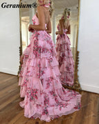 GERANIUM Pink Floral Halter Tiered Ruffle A-Line Prom Dress GER691P