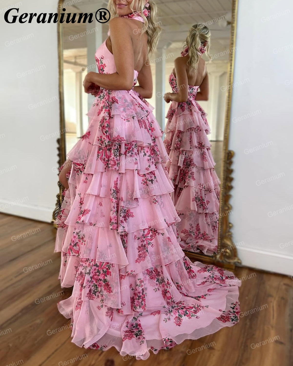 GERANIUM Pink Floral Halter Tiered Ruffle A-Line Prom Dress GER691P