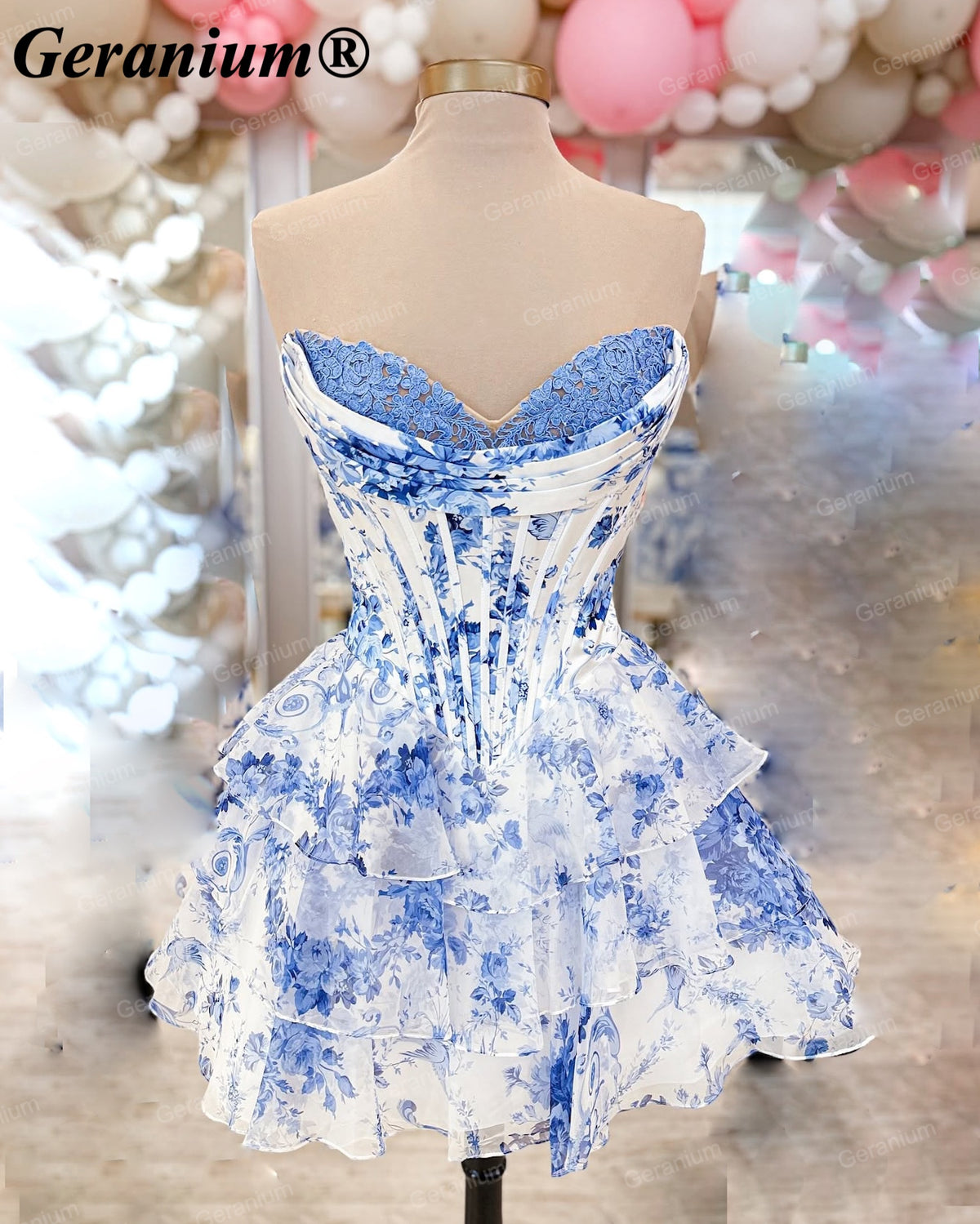 Geranium Blue Floral Corset Homecoming Dress – GER687P